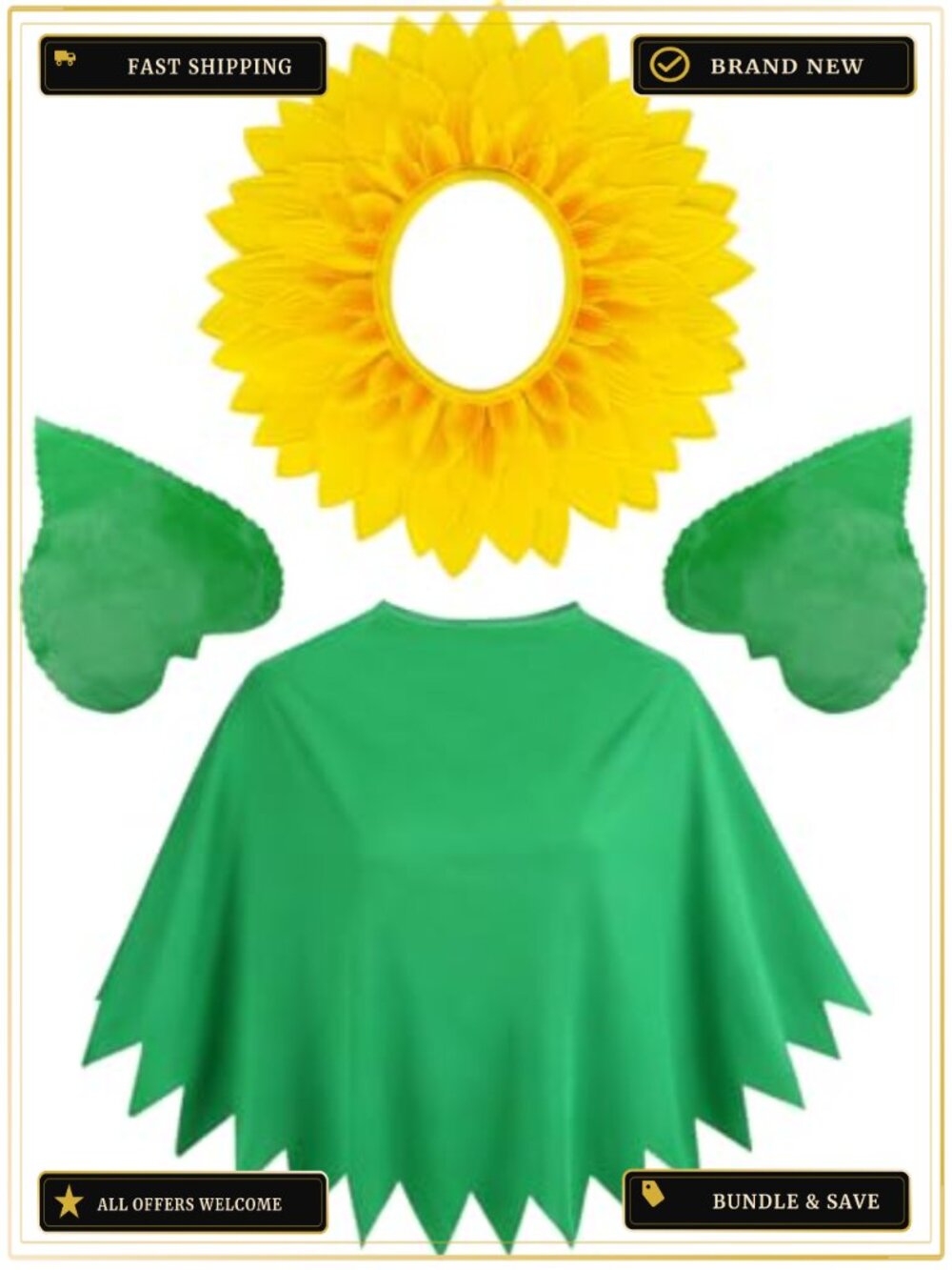 3 Pc Sunflower Costume Set Headpiece Leaf Glove Shawl Halloween